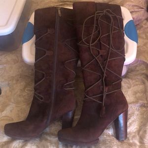 Dark brown suede knee high boots